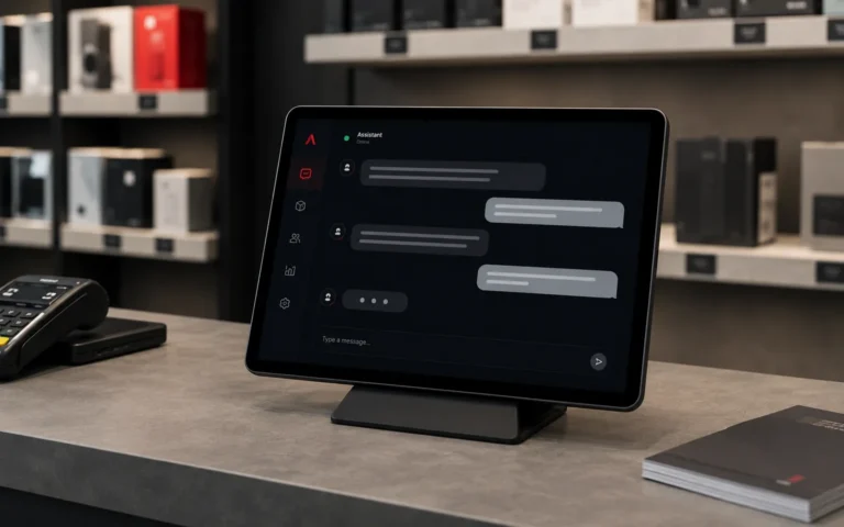 Tablet s AI asistentom v konverzácii so zákazníkom na pulte predajne