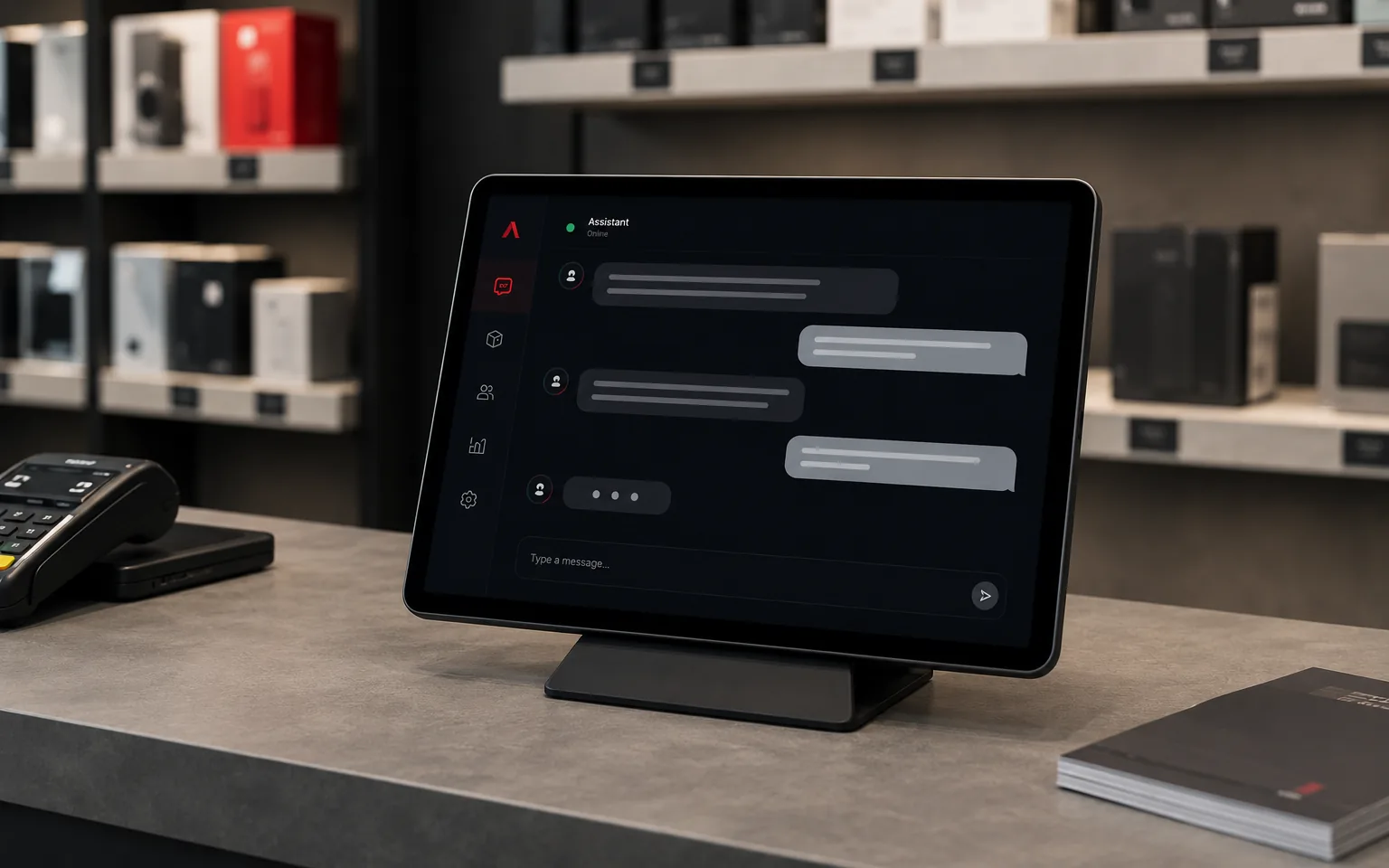 Tablet s AI asistentom v konverzácii so zákazníkom na pulte predajne