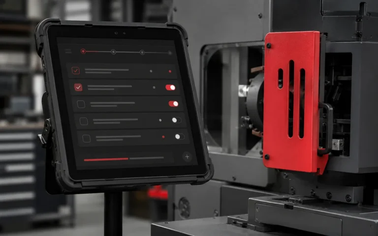 Odolný tablet s kontrolným zoznamom údržby pri obrábacom stroji