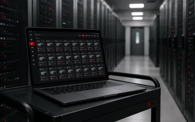 Notebook so správou kontajnerov v uličke medzi serverovými rackmi
