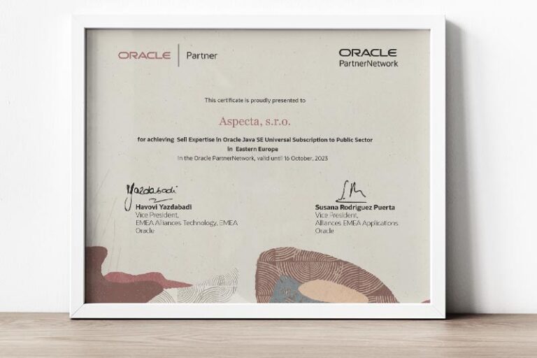 Zarámovaný certifikát Oracle Partner Network pre Aspectu
