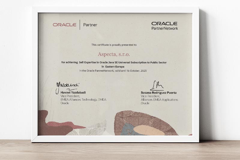 Zarámovaný certifikát Oracle Partner Network pre Aspectu