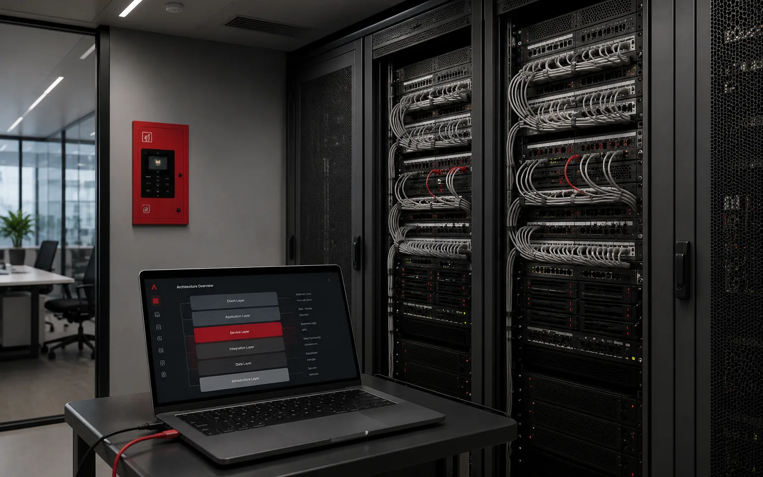 Notebook s vrstvami architektúry pred rackmi privátneho cloudu