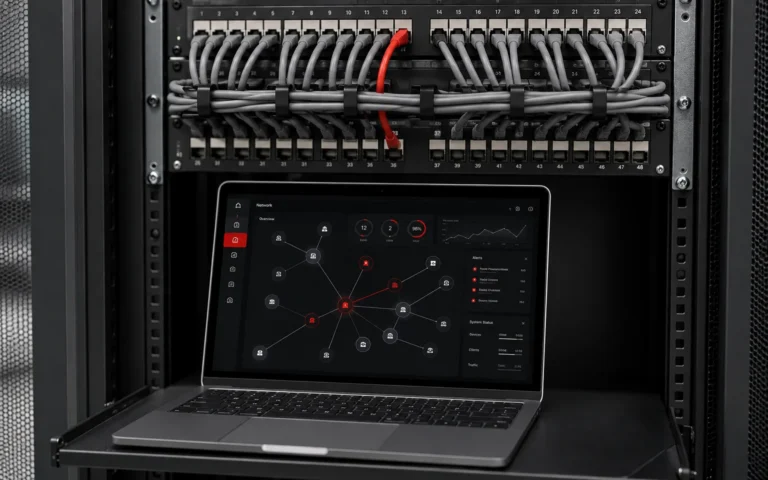 Patch panel so sieťovou kabelážou a notebook s mapou siete